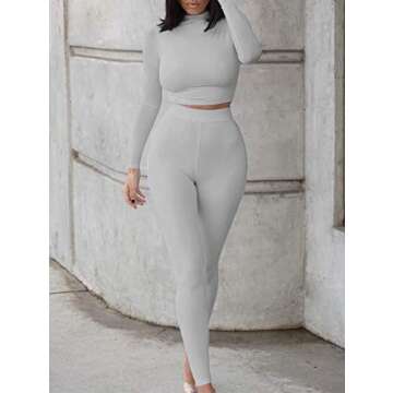 GOKATOSAU Women's Sexy 2 Piece Outfits Long Sleeve Crop Top Pants Set Club Jumpsuits Lightgrey
