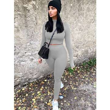 GOKATOSAU Women's Sexy 2 Piece Outfits Long Sleeve Crop Top Pants Set Club Jumpsuits Lightgrey