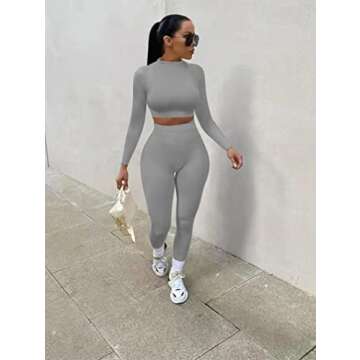 GOKATOSAU Women's Sexy 2 Piece Outfits Long Sleeve Crop Top Pants Set Club Jumpsuits Lightgrey