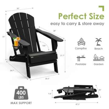 GREENVINES Folding-Adirondack-Chairs-Set-of-4 | HDPE Plastic | Fire Pit Chair | All Weather | Cup Holder | Black | for Deck Backyard Patio Outdoor Garden