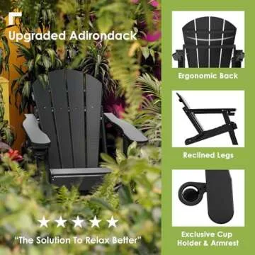 GREENVINES Folding-Adirondack-Chairs-Set-of-4 | HDPE Plastic | Fire Pit Chair | All Weather | Cup Holder | Black | for Deck Backyard Patio Outdoor Garden