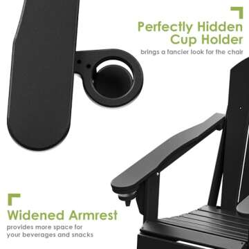 GREENVINES Folding-Adirondack-Chairs-Set-of-4 | HDPE Plastic | Fire Pit Chair | All Weather | Cup Holder | Black | for Deck Backyard Patio Outdoor Garden