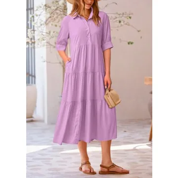 PRETTYGARDEN Summer Dress for Women Short Sleeve Button Up Ruffle A Line Flowy Maxi Dresses (Solid Purple,Large)