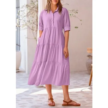 PRETTYGARDEN Summer Dress for Women Short Sleeve Button Up Ruffle A Line Flowy Maxi Dresses (Solid Purple,Large)