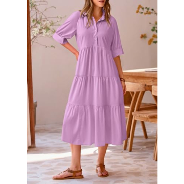 PRETTYGARDEN Summer Dress for Women Short Sleeve Button Up Ruffle A Line Flowy Maxi Dresses (Solid Purple,Large)