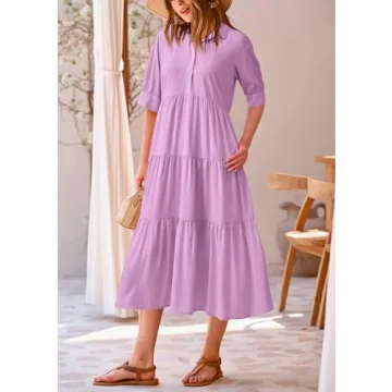 PRETTYGARDEN Summer Dress for Women Short Sleeve Button Up Ruffle A Line Flowy Maxi Dresses (Solid Purple,Large)
