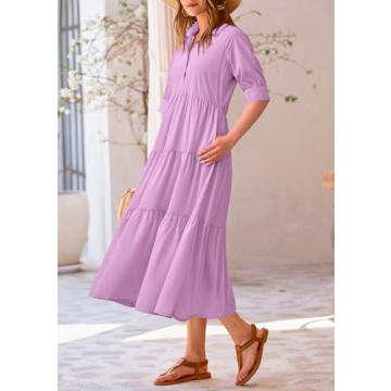 PRETTYGARDEN Summer Dress for Women Short Sleeve Button Up Ruffle A Line Flowy Maxi Dresses (Solid Purple,Large)