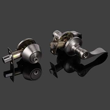 Probrico 3 Set of Satin Nickel Exterior Entry Lever and Single Cylinder Deadbolt,Keyed Alike Combo Pack, Keyed Handleset Lockset Exterior(for Front Door and Outside Gate)