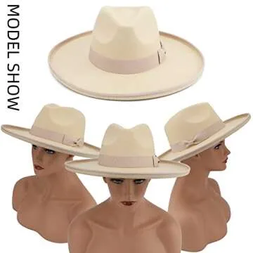 Pro Celia Large Wide Brim Fedora Hat for Women Men Felt Dress Hat (Roll-Cream)