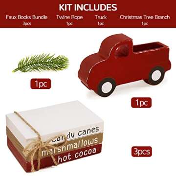 ORIENTAL CHERRY Christmas Decor - Christmas Decorations Indoor - 3 Faux Books Bundle with Twine & Red Truck with Mini T/Ree - Farmhouse Rustic Tiered Tray Decor for Home Room Table Mantle Shelf