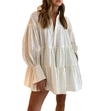 Aofur Summer Cotton V Neck Long Loose Sleeve Party A-Line Dress