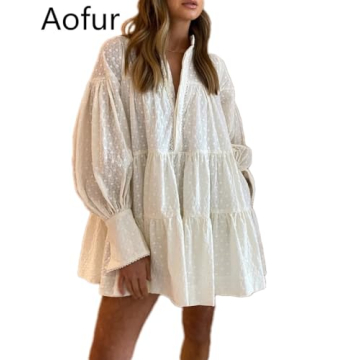 Stylish Aofur Cotton V Neck A-Line Dress for Women