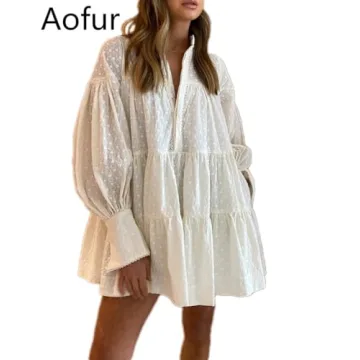 Stylish Aofur Cotton V Neck A-Line Dress for Women