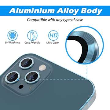 imluckies Camera Lens Protector for iPhone 12 Pro Max, Premium Tempered Glass Film Aluminum Alloy Lens Ring Cover, Pacific Blue [Anti-Scratch]