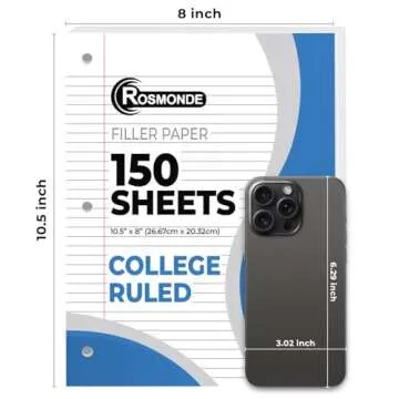 Rosmonde Loose Leaf Paper, 450 Sheets, 3 Pack, College Ruled Paper, 8" x 10.5", Bulk Office Filler Paper, 3 Hole Punched, 150 Sheets/Pack, 56 gsm Paper, College Ruled Notebook Paper for Binder, White