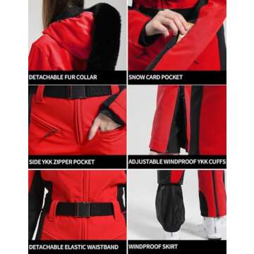 GSOU SNOW Womens Ski Suit One Piece Snowsuit Snowboard Jacket Slim Snow Jumpsuit Ski Outfit Waterproof Windproof for Winter Sports