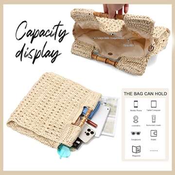Oweisong Women Straw Beach Tote Bag Summer Large Bamboo Top Handle Handbag Hand Woven Shoulder Crossbody Purse for Travel