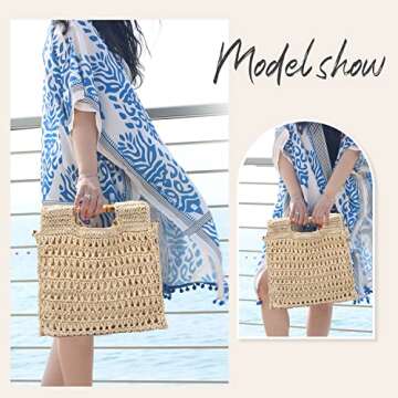 Oweisong Women Straw Beach Tote Bag Summer Large Bamboo Top Handle Handbag Hand Woven Shoulder Crossbody Purse for Travel