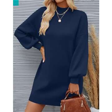 ZESICA Women's Spring Turtleneck Sweaters Dress Oversized Long Lantern Sleeve Casual Knit Pullover Short Dresses,Navy,Small