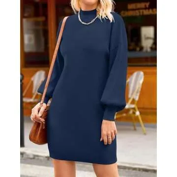 ZESICA Women's Spring Turtleneck Sweaters Dress Oversized Long Lantern Sleeve Casual Knit Pullover Short Dresses,Navy,Small