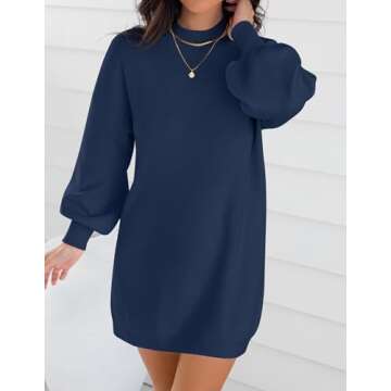 ZESICA Women's Spring Turtleneck Sweaters Dress Oversized Long Lantern Sleeve Casual Knit Pullover Short Dresses,Navy,Small