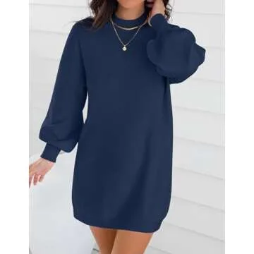 ZESICA Women's Spring Turtleneck Sweaters Dress Oversized Long Lantern Sleeve Casual Knit Pullover Short Dresses,Navy,Small
