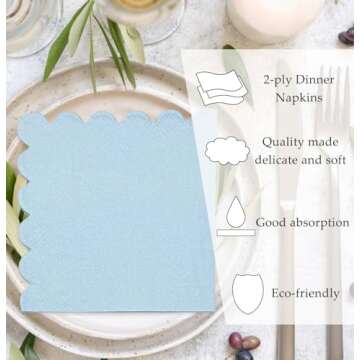 HEIPINIUYE 50 Pieces 2-ply Light Blue Napkin Disposable Scalloped Cocktail Napkins Beverage Napkins Dessert Napkins Paper Napkins for Wedding Birthday Party Paper Dinner Napkins