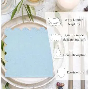 HEIPINIUYE 50 Pieces 2-ply Light Blue Napkin Disposable Scalloped Cocktail Napkins Beverage Napkins Dessert Napkins Paper Napkins for Wedding Birthday Party Paper Dinner Napkins