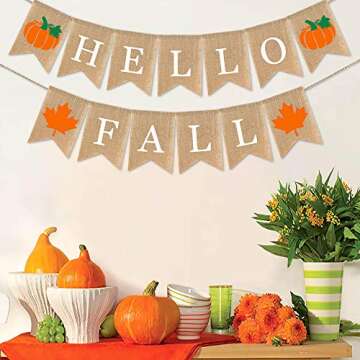 SWYOUN Burlap Hello Fall Banner with Pumpkin Maple Leaf Autumn Thanksgiving Day Party Garland Decora...