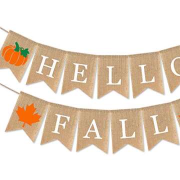 SWYOUN Burlap Hello Fall Banner with Pumpkin Maple Leaf Autumn Thanksgiving Day Party Garland Decoration