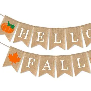 SWYOUN Burlap Hello Fall Banner with Pumpkin Maple Leaf Autumn Thanksgiving Day Party Garland Decoration