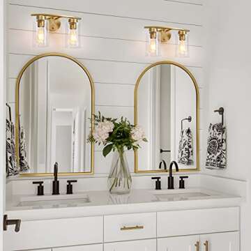 HUOKU 2-Light Bathroom Vanity Light Fixtures, Brass Gold Wall Sconce Lighting Modern Curved Bathroom...