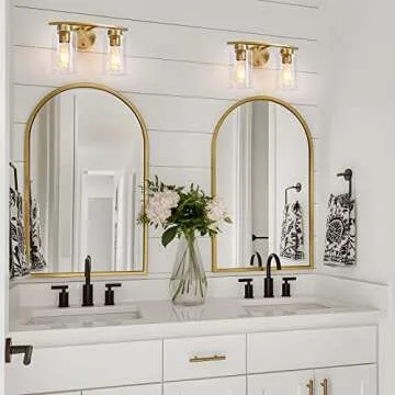 HUOKU 2-Light Bathroom Vanity Light Fixtures, Brass Gold Wall Sconce Lighting Modern Curved Bathroom...