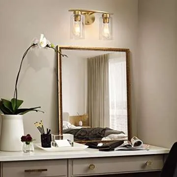 HUOKU 2-Light Bathroom Vanity Light Fixtures, Brass Gold Wall Sconce Lighting Modern Curved Bathroom Lights Fixtures Over Mirror with Glass Shade for Bathroom
