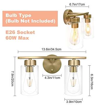 HUOKU 2-Light Bathroom Vanity Light Fixtures, Brass Gold Wall Sconce Lighting Modern Curved Bathroom Lights Fixtures Over Mirror with Glass Shade for Bathroom