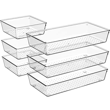 Criusia Drawer Organizer, 6 Pack Large Clear Plastic Drawer Organizers Set, 2 Size Versatile Bathroo...