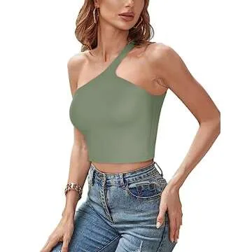 REORIA Summer Sexy Casual One Shoulder Double Lined Seamless Backless Sleeveless Cropped Tank Going Out Trendy Cute Crop Tops for Teen Girls Dark Green Small