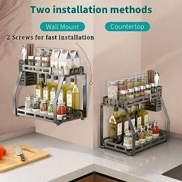 junyuan Spice Organizer,2 Tier Spice Rack Organizer for Countertop,Standing Seasoning Organizer,Kitchen Countertop Organizers and Storage Shelf,Metal,Black (8" Height)