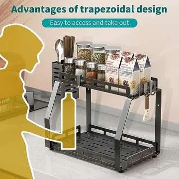 junyuan Spice Organizer,2 Tier Spice Rack Organizer for Countertop,Standing Seasoning Organizer,Kitchen Countertop Organizers and Storage Shelf,Metal,Black (8" Height)