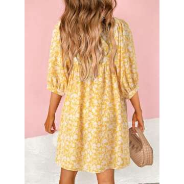 Dokotoo Women's Casual Dresses Bohemian Drawstring V Neck Quarter Sleeve Floral Print Boho Vacation Outfits for Women Beach Sundress Swing Flowy A Line Mini Tunic Short Dress Yellow XX-Large