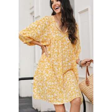 Dokotoo Women's Casual Dresses Bohemian Drawstring V Neck Quarter Sleeve Floral Print Boho Vacation Outfits for Women Beach Sundress Swing Flowy A Line Mini Tunic Short Dress Yellow XX-Large
