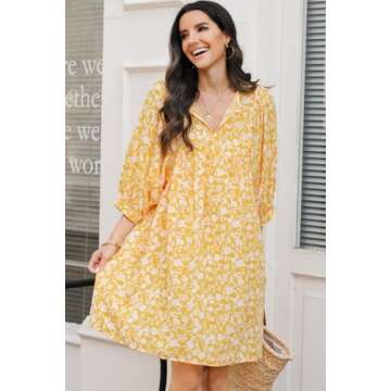 Dokotoo Women's Casual Dresses Bohemian Drawstring V Neck Quarter Sleeve Floral Print Boho Vacation Outfits for Women Beach Sundress Swing Flowy A Line Mini Tunic Short Dress Yellow XX-Large