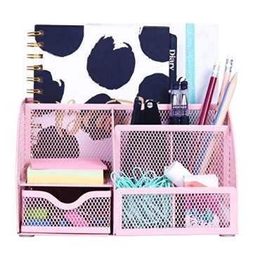 Exerz Desk Organizer Light Pink Office Desk Accessories Supplies Office Storage Desktop Pencil Pen Holder with Drawer Home Workspace