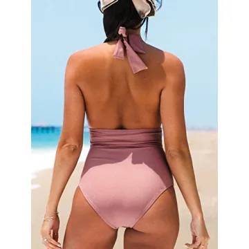 CUPSHE Women V Neck One Piece Swimsuit Halter Backless Ruched Tummy Control Bathing Suit, M Dusty Pink
