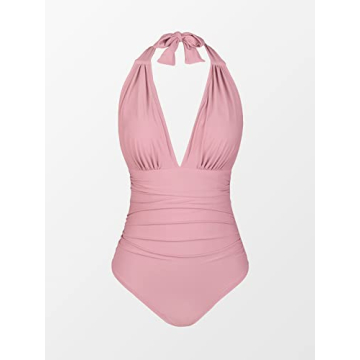CUPSHE Women V Neck One Piece Swimsuit Halter Backless Ruched Tummy Control Bathing Suit, M Dusty Pink