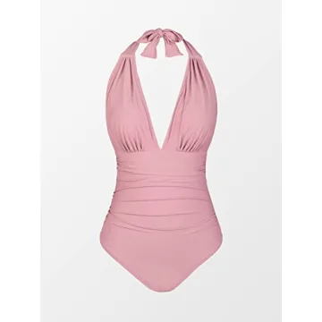 CUPSHE Women V Neck One Piece Swimsuit Halter Backless Ruched Tummy Control Bathing Suit, M Dusty Pink
