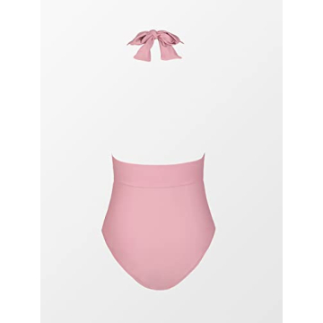 CUPSHE Women V Neck One Piece Swimsuit Halter Backless Ruched Tummy Control Bathing Suit, M Dusty Pink