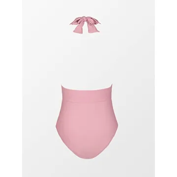 CUPSHE Women V Neck One Piece Swimsuit Halter Backless Ruched Tummy Control Bathing Suit, M Dusty Pink