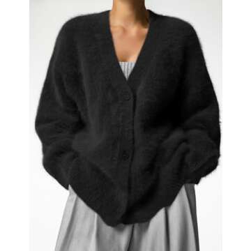 Yimoon Womens Fuzzy Cardigan Sweater V Neck Long Sleeve Button Down Slouchy Furry Knit Sweaters 2024