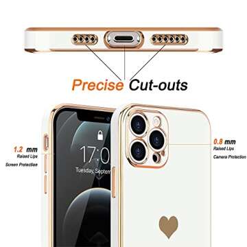 Teageo for iPhone 12 Pro Case for Women Girl, Cute Love-Heart Luxury Bling Plating Soft Back Cover, Raised Full Camera Protection Bumper, Silicone Shockproof Phone Case for iPhone 12 Pro, White